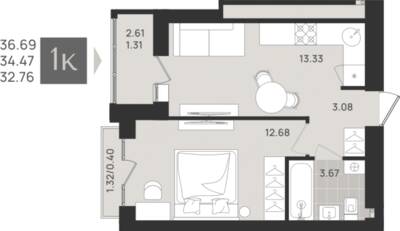 1-комнатная квартира 34,47 м² в ЖК Этюд, Калининград — фото 1