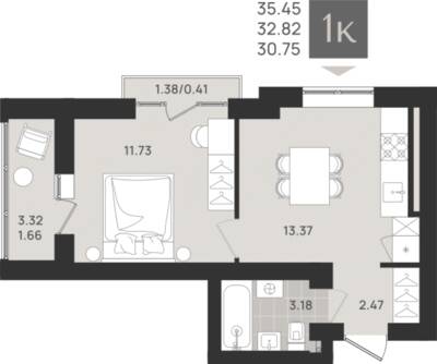 1-комнатная квартира 32,82 м² в ЖК Этюд, Калининград — фото 1