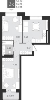 2-комнатная квартира 55,24 м² в ЖК Этюд, Калининград — фото 1
