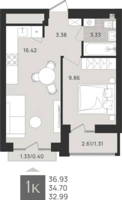 1-комнатная квартира 34,7 м² в ЖК Этюд, Калининград — фото 1