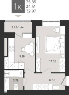 1-комнатная квартира 34,41 м² в ЖК Этюд, Калининград — фото 1