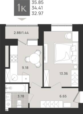 1-комнатная квартира 34,41 м² в ЖК Этюд, Калининград — фото 1