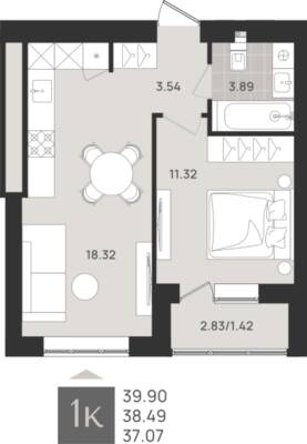 1-комнатная квартира 38,49 м² в ЖК Этюд, Калининград — фото 1