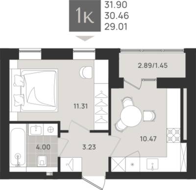 1-комнатная квартира 30,46 м² в ЖК Этюд, Калининград — фото 1