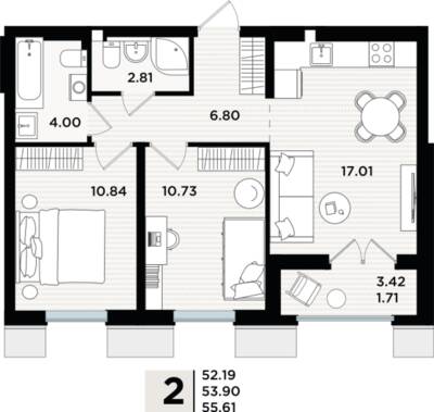 2-комнатная квартира 53,96 м² в ЖК Парад, Пионерский — фото 1