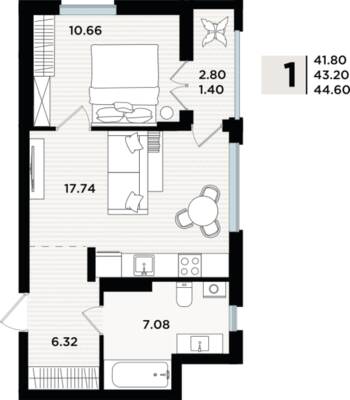 1-комнатная квартира 43,12 м² в ЖК Парад, Пионерский — фото 1