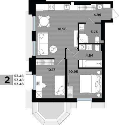 2-комнатная квартира 53,48 м² в ЖК Парад, Пионерский — фото 1