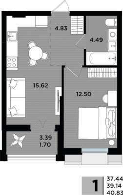 1-комнатная квартира 39,54 м² в ЖК Парад, Пионерский — фото 1