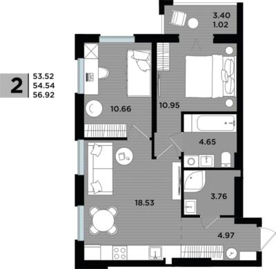 2-комнатная квартира 54,49 м² в ЖК Парад, Пионерский — фото 1