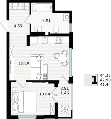 1-комнатная квартира 42,9 м² в ЖК Парад, Пионерский — фото 1