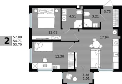 2-комнатная квартира 54,71 м² в ЖК Парад, Пионерский — фото 1