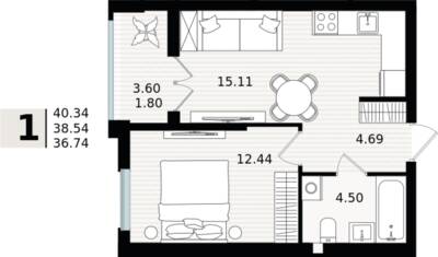 1-комнатная квартира 38,54 м² в ЖК Парад, Пионерский — фото 1
