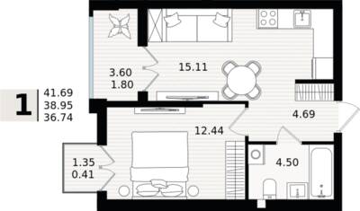 1-комнатная квартира 38,95 м² в ЖК Парад, Пионерский — фото 1