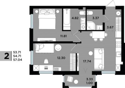 2-комнатная квартира 54,66 м² в ЖК Парад, Пионерский — фото 1