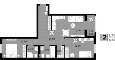 2-комнатная квартира 65,31 м² в ЖК Парад, Пионерский — фото 1