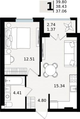 1-комнатная квартира 38,43 м² в ЖК Парад, Пионерский — фото 1
