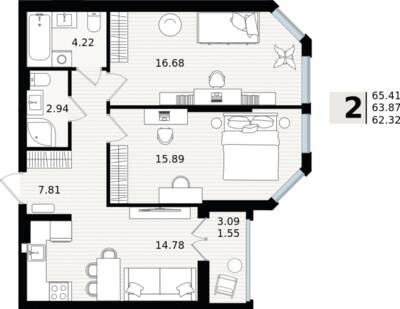 2-комнатная квартира 63,87 м² в ЖК Парад, Пионерский — фото 1