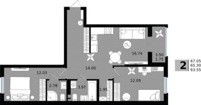 2-комнатная квартира 65,3 м² в ЖК Парад, Пионерский — фото 1