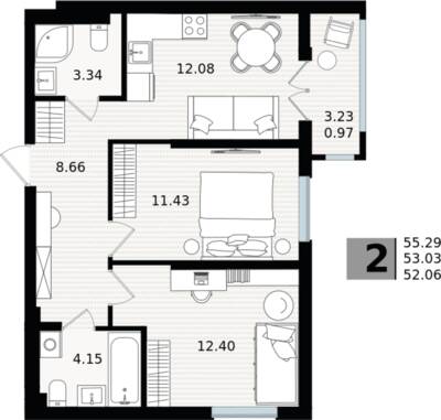 2-комнатная квартира 53,03 м² в ЖК Парад, Пионерский — фото 1
