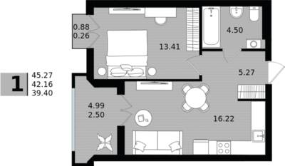 1-комнатная квартира 42,16 м² в ЖК Парад, Пионерский — фото 1