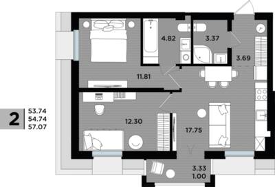 2-комнатная квартира 56,04 м² в ЖК Парад, Пионерский — фото 1
