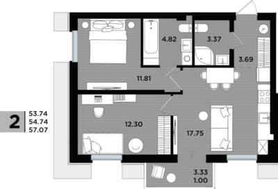 2-комнатная квартира 54,55 м² в ЖК Парад, Пионерский — фото 1