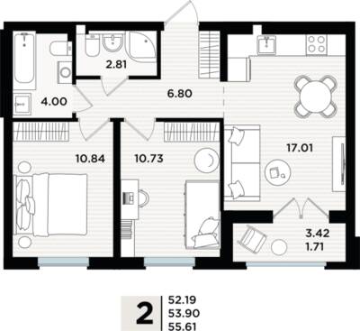 2-комнатная квартира 53,96 м² в ЖК Парад, Пионерский — фото 1