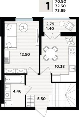 1-комнатная квартира 72,33 м² в ЖК Парад, Пионерский — фото 1