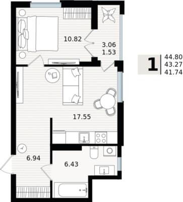 1-комнатная квартира 43,27 м² в ЖК Парад, Пионерский — фото 1