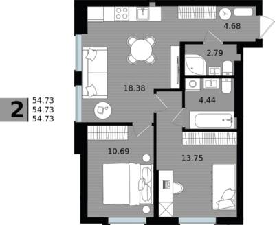 2-комнатная квартира 54,73 м² в ЖК Парад, Пионерский — фото 1