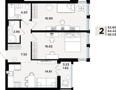 2-комнатная квартира 64,45 м² в ЖК Парад, Пионерский — фото 1