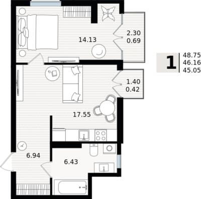 1-комнатная квартира 46,16 м² в ЖК Парад, Пионерский — фото 1