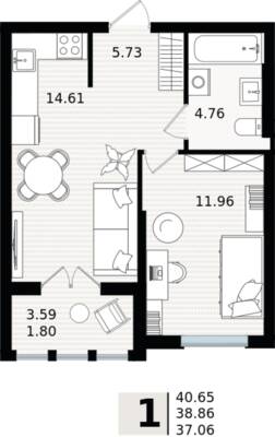 1-комнатная квартира 38,86 м² в ЖК Парад, Пионерский — фото 1