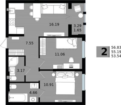 2-комнатная квартира 55,19 м² в ЖК Парад, Пионерский — фото 1
