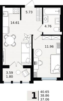 1-комнатная квартира 38,86 м² в ЖК Парад, Пионерский — фото 1