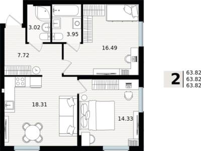 2-комнатная квартира 63,82 м² в ЖК Парад, Пионерский — фото 1