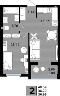 1-комнатная квартира 38,79 м² в ЖК Парад, Пионерский — фото 1