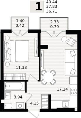 1-комнатная квартира 37,83 м² в ЖК Парад, Пионерский — фото 1