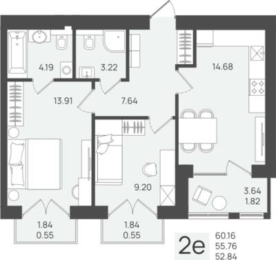 2-комнатная квартира 55,76 м² в ЖК Клевер, Пионерский — фото 1