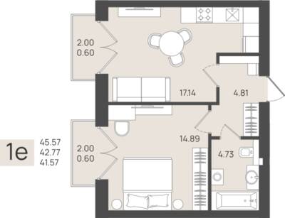 1-комнатная квартира 42,77 м² в ЖК Клевер, Пионерский — фото 1