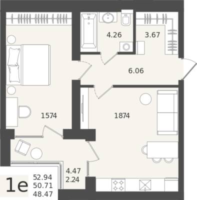 1-комнатная квартира 50,71 м² в ЖК Клевер, Пионерский — фото 1