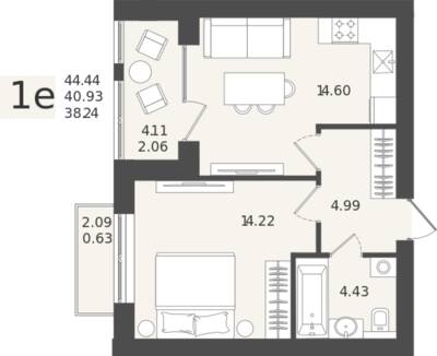 1-комнатная квартира 40,93 м² в ЖК Клевер, Пионерский — фото 1