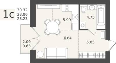Студия квартира 28,86 м² в ЖК Клевер, Пионерский — фото 1
