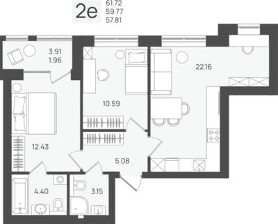 2-комнатная квартира 59,77 м² в ЖК Клевер, Пионерский — фото 1