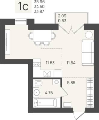 Студия квартира 34,5 м² в ЖК Клевер, Пионерский — фото 1