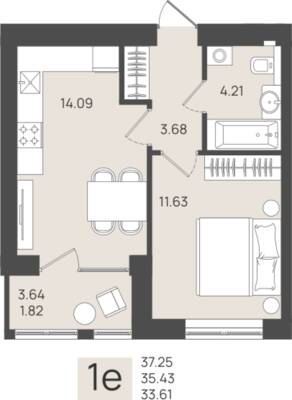 1-комнатная квартира 35,43 м² в ЖК Клевер, Пионерский — фото 1