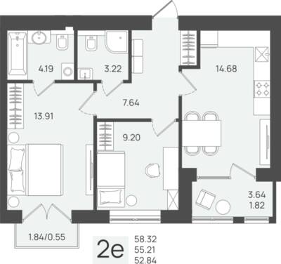 2-комнатная квартира 55,21 м² в ЖК Клевер, Пионерский — фото 1