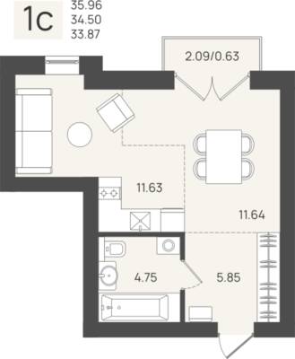 Студия квартира 34,5 м² в ЖК Клевер, Пионерский — фото 1