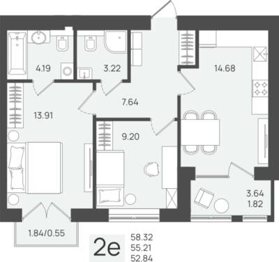 2-комнатная квартира 55,21 м² в ЖК Клевер, Пионерский — фото 1