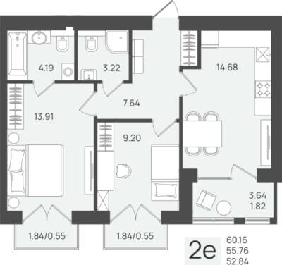 2-комнатная квартира 55,76 м² в ЖК Клевер, Пионерский — фото 1
